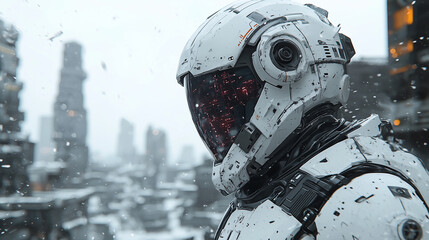 Futuristic humanoid robot in a snowy, post-apocalyptic cityscape, wearing a high-tech helmet with glowing red circuitry
