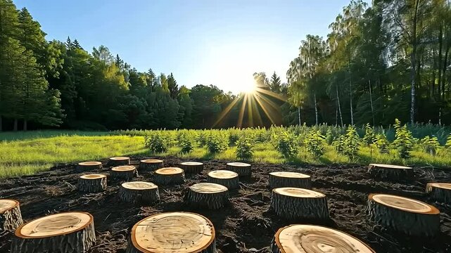A sunny forest clearing with freshly cut logs, stumps marked for regrowth, and rows of planted saplings growing under the canopy's protection.