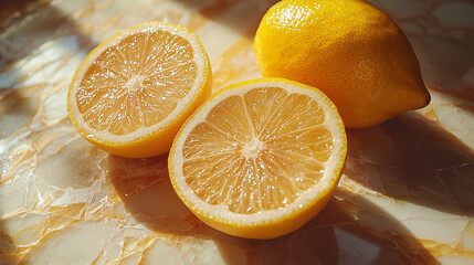 Fresh lemons on a marble surface with warm sunlight, featuring one whole lemon and two juicy halves in a vibrant setting