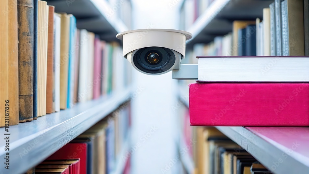 Poster security camera surveillance hidden concept. surveillance camera above bookshelves in a library sett