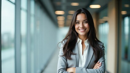 Happy cheerful Latin professional mid aged business woman corporate leader, smiling positive mature female executive manager standing in office arms crossed looking at camera, portrait.