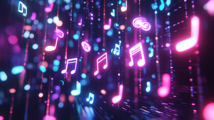 Vibrant neon musical notes glimmering in a digital space, creating a lively atmosphere.