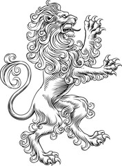 A heraldry coat of arms crest style rearing heraldic lion standing on hind legs in a vintage style