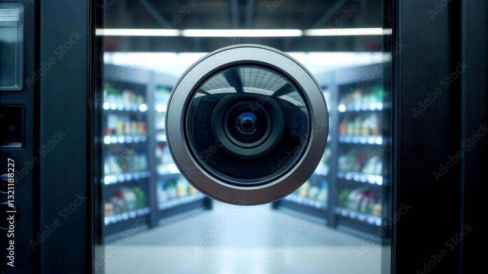 Poster security camera surveillance hidden concept. close-up of a vending machine camera with snacks in the