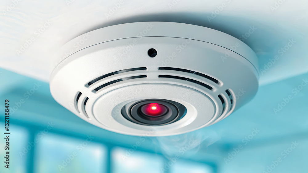 Poster security camera surveillance hidden concept. smoke detector mounted on a ceiling with a red indicato