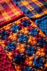 Vibrant crocheted plaid squares, multicolored yarn , yarn craft, textured fabric
