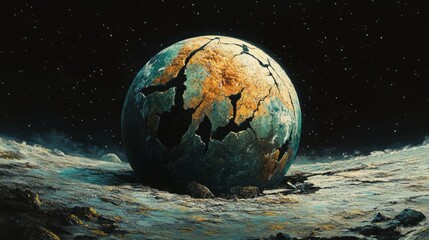 A half-shattered Earth with visible tectonic plate separations 