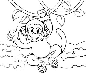 A monkey cartoon character singing on jungle vines and giving a thumbs up