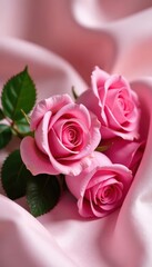 A cluster of pink roses rests on a silken surface , soft, closeup
