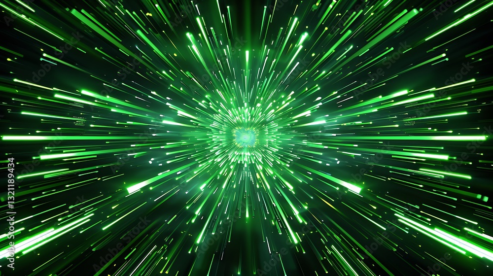 Poster vibrant green light burst with radiating lines creating a dynamic and energetic background effect