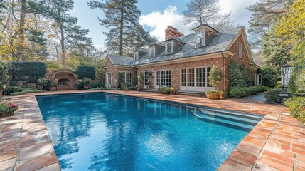 Fototapeta premium Brick house poolside view, sunny day, wooded backyard