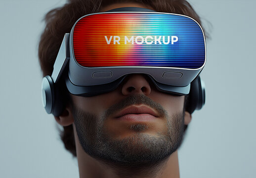 Close-Up VR Headset Mockup on Bearded Man &mdash; High-Resolution Tech Branding Scene