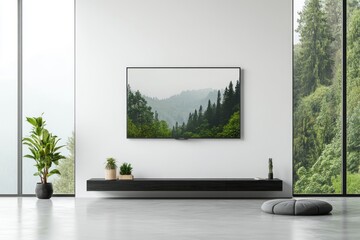 Modern living room TV mount with nature scene, showcasing minimalist design