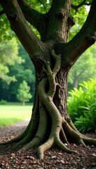 Tree with gnarled trunk and twisted roots exposed, wooden, texture, bark