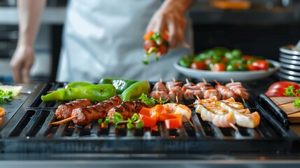 Grilling Fresh Vegetables and Meat Skewers on Barbecue with Colorful Ingredients and a Chef at Work