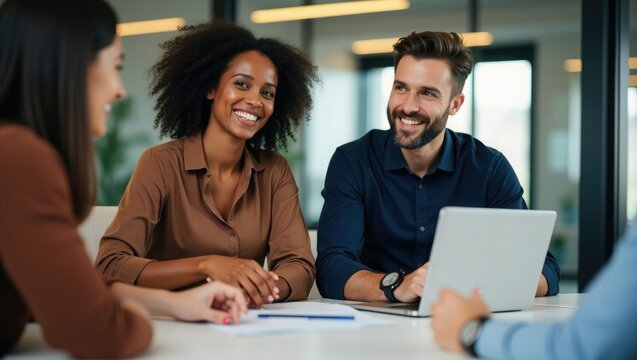 Young happy African American male executive company leader discussing project management planning strategy working with diverse busy colleagues company team at office corporate board group meeting.
