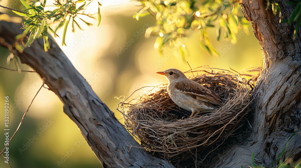 Wall mural close-up of bird nest on tree with little bird on green natural background