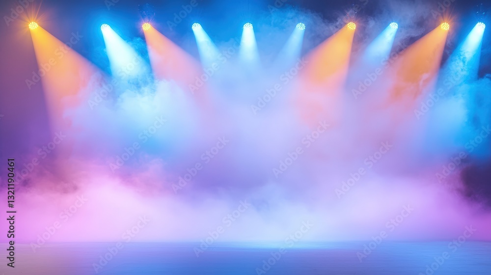 Poster a vibrant stage with colorful lights shining through a mist, creating an energetic and dynamic atmos