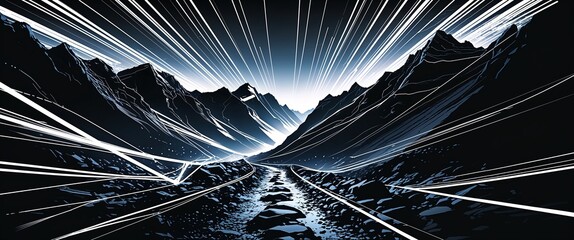 dark mountain trail background with white streaks light rays motion and energy concept digital abstract artwork