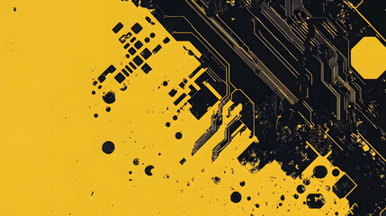 Abstract Circuit Board Design: Bold Yellow & Black Pattern, Digital Art