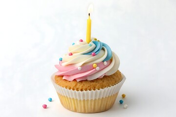 A delicious vanilla cupcake with colorful swirled frosting, sprinkles, and a lit candle, isolated on white background, perfect for celebrations.