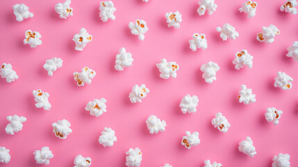 Delicious white popcorn pattern on pink background tasty snack food movie time sweet salty treat