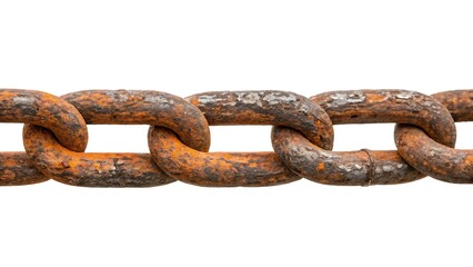 Closeup of old rusty iron chain links, corroded metal with brown-orange oxidation, strong industrial security concept, aged texture.