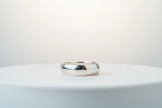 Sleek metallic ring on minimalist pedestal, reflecting light bea