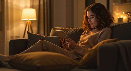 Obraz premium Woman smiling while reading on a couch in cozy living room