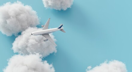 Airplane flying above fluffy white clouds in a clear blue sky, symbolizing travel and adventure