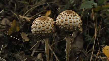 Close-up view of two mushrooms in the autumn forest