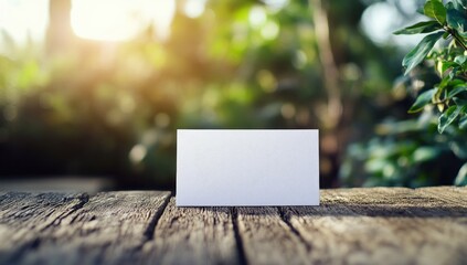 Blank white card on weathered wooden table, natural outdoor background