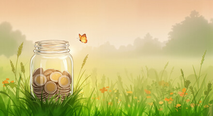 Jar filled with coins against a serene natural background