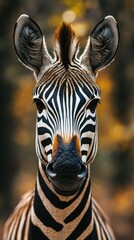 Naklejka premium Close-up view of a zebra in a forest setting during golden hour capturing its striking black and white stripes