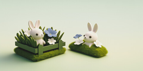Minimalist Fence with spring Flowers and a Bunny rabbit,  3d animation digital render , 2:1 Desktop Background