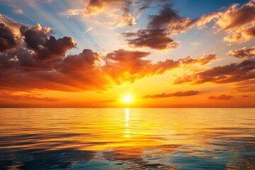 Fototapeta premium Vibrant ocean sunset with golden sky, reflecting waves, scenic seascape, nature background, summer evening tranquility, serene view.