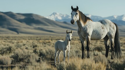 Obraz premium Mare and foal in a desert with mountain background.