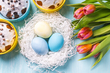 Easter cakes, painted eggs in the nest and tulips on a blue background. Flat layout. View from above.