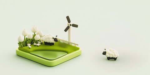 Minimalist Isometric block with grass, sheep and windmill, 3d animation digital render , 2:1 Desktop Background