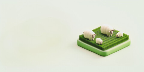 Minimalist Isometric block with grass and sheep, 3d looping animation digital render , 3d animation digital render , 2:1 Desktop Background