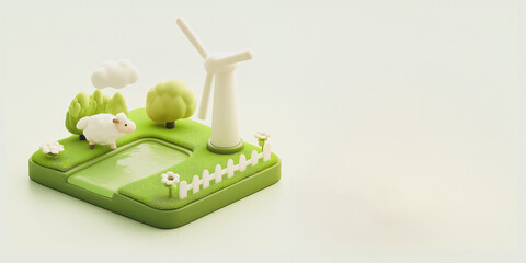 Minimalist Isometric block with grass, sheep and windmill, 3d animation digital render , 2:1 Desktop Background