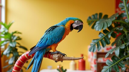 Fototapeta premium Vibrant blue-and-yellow macaw perched in colorful indoor setting with plants