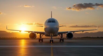 Fototapeta na wymiar Airplane on runway at sunset, showcasing vibrant colors and serene landscape in the background