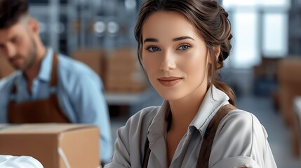 Naklejka premium Young Woman Working in a Modern Workspace Surrounded by Colleagues and Packages with Soft Lighting