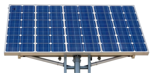 A high-quality image of a modern solar panel setup. The solar panel consists of multiple blue photovoltaic cells arranged in a grid pattern with a reflective surface. 
