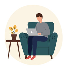 Person working on laptop while sitting comfortably on a green armchair in flat vector art