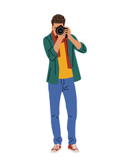 Young man photographer standing with camera, taking photo. Colorful flat vector illustration isolated on transparent background