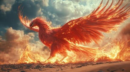Fototapeta premium Phoenix Firebird Rising from Desert Sands - A majestic phoenix, engulfed in flames, rises from the desert sands. Symbolizing rebirth, power, transformation, immortality, and freedom