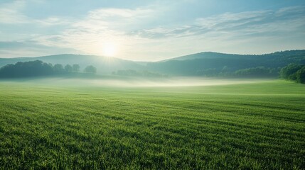 Naklejka premium Serene Landscape of Rolling Hills Surrounded by Lush Green Fields and Soft Morning Fog Under a Bright Sky