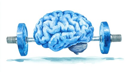 Brainpower: Watercolor Illustration of a Brain Lifting Weights, Symbolizing Mental Strength and Cognitive Fitness
